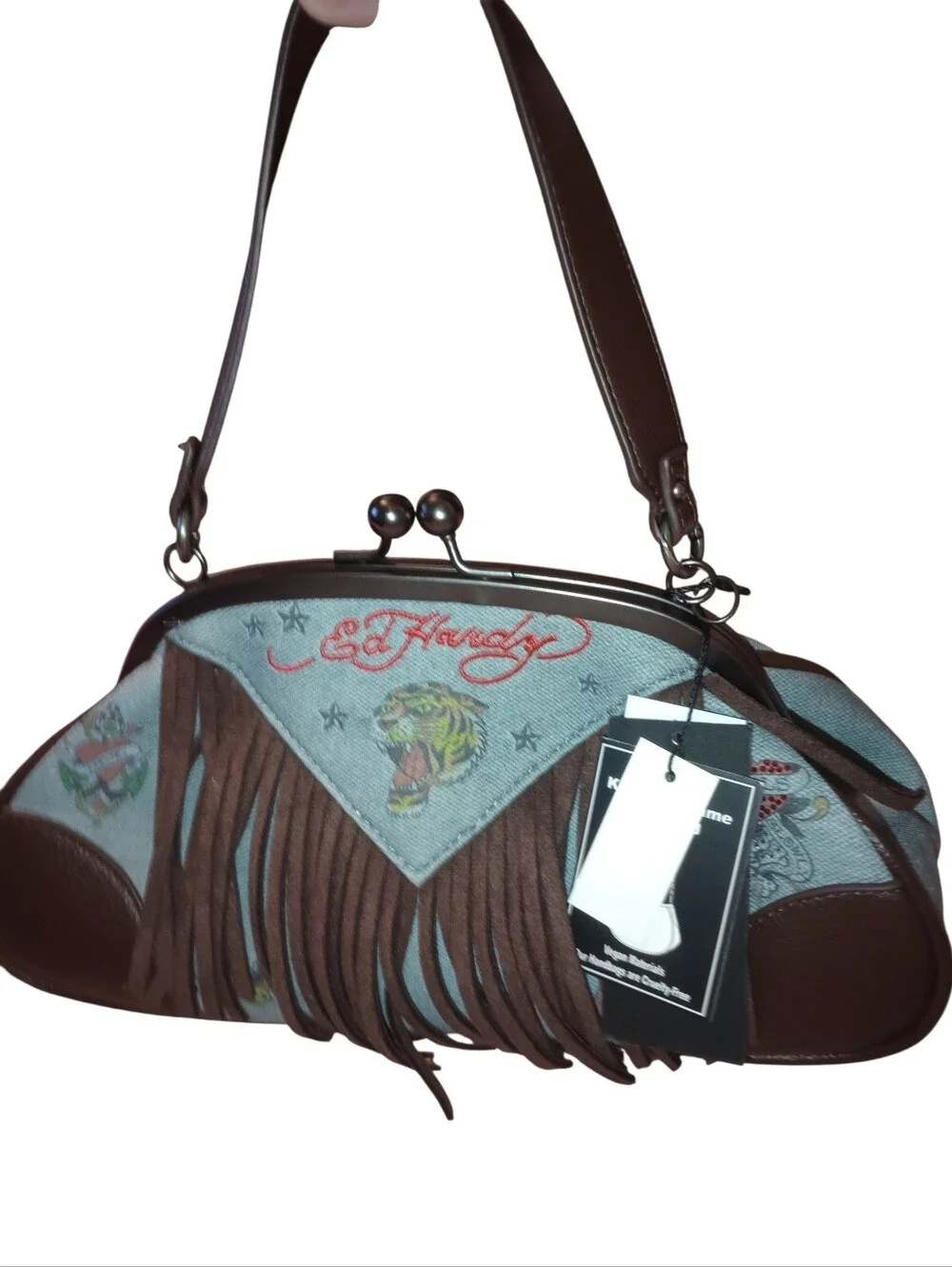 Ed Hardy Brown & Denim Fringe Shoulder Bag with Embroidery, NWT